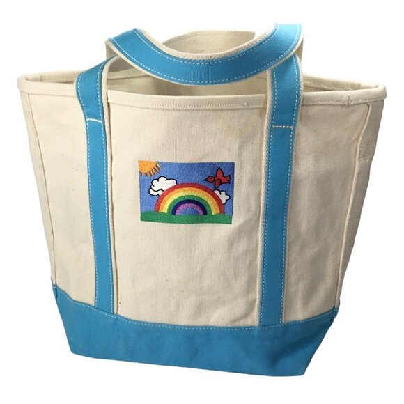 Lands End Canvas Tote NWT Embroidered Rainbow Open Top Natural Turquoise Medium - Picture 1 of 10